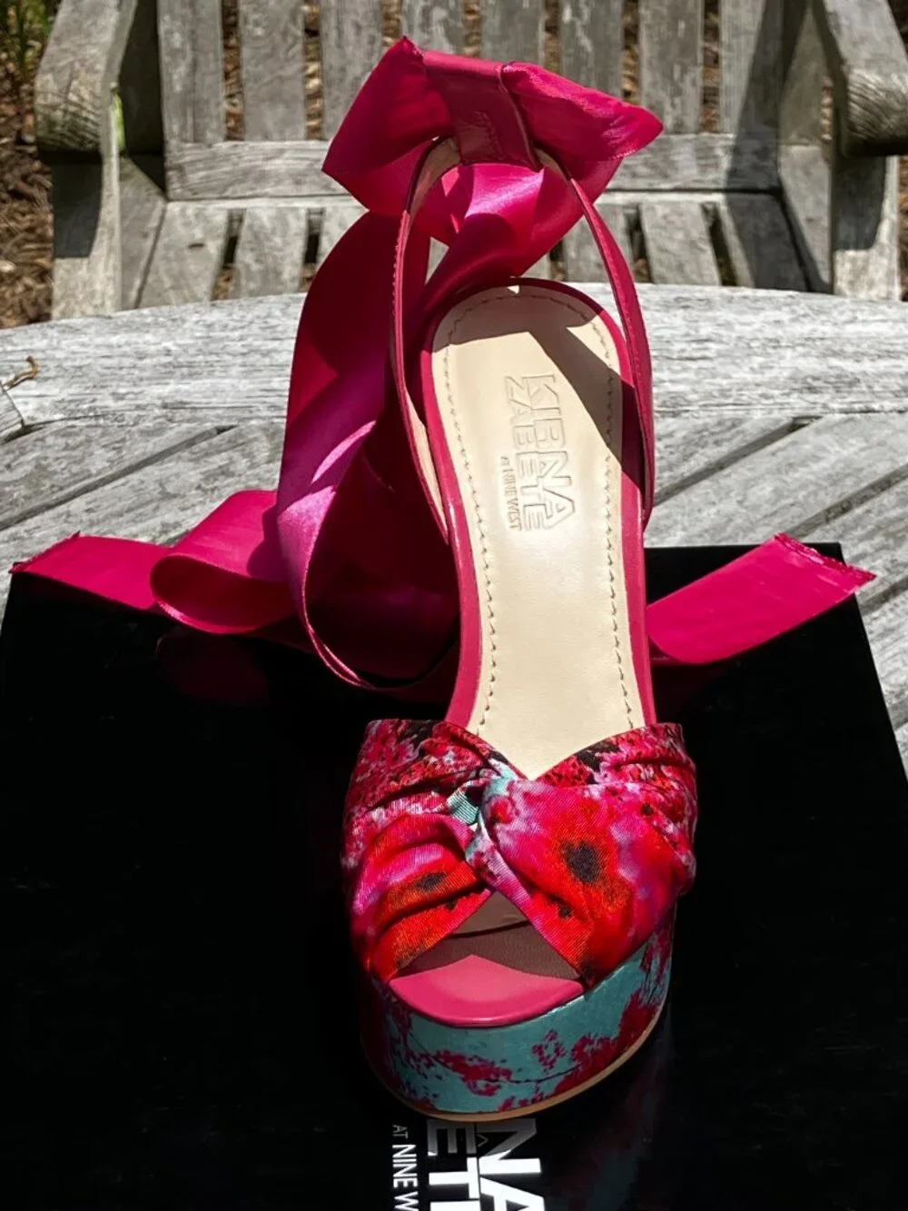 NWT🌺Cherry Blossom and Pink Satin Ribbon Platform Wedge Sandals
